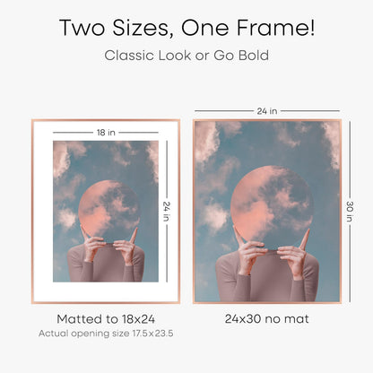 Homeforia 24x30 Frame Rose Gold, High End Metal 24x30 Picture Frames with Mat 18x24 inch Photo, 24 x 30 Rose Gold Poster Frame Matted to 18 by 24, 30x24 Large Frame, Tempered Glass, Wall Kit, Set of 1