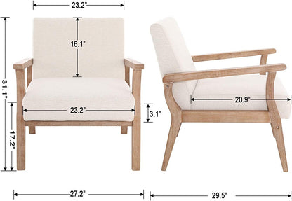 Beige Accent Chair Set of 2 Mid Century Modern Living Room Armchair Wood Sitting Chair Linen Fabric Upholstered Side Chair for Bedroom Cream