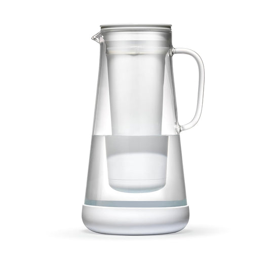 LifeStraw Home Water Pitcher, 7-Cup, White, Glass with Silicone Base, White, for Everyday
