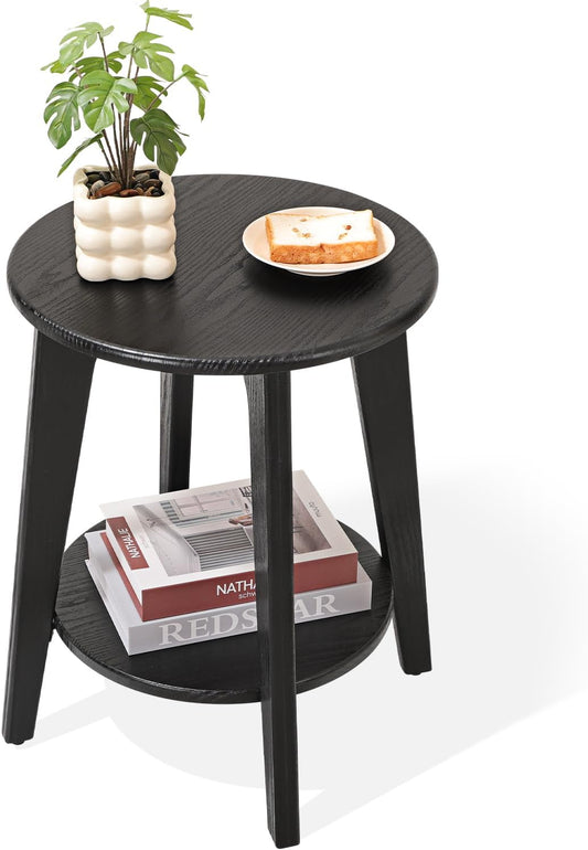 Side End Table Round Black Beside Table Sofa Table Nightstand Modern End Table 2-Tier Small Accent