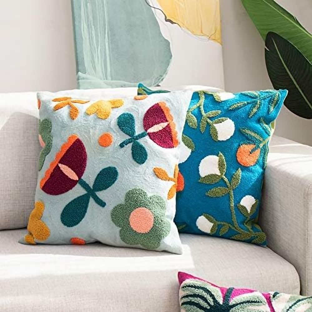 MOCOFO Canvas Embroidered Flower Pillow Case Spring Embroidery Craft Modern Simple Throw Pillow Cover for Sofa,Bedroom,Office (Wild Fruit, 18x18’’)
