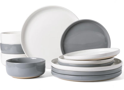 Famiware Milkyway Plates and Bowls Sets, 12 Pieces Stoneware Dinnerware Sets, Dishes Set for 4, White & Dark Gray