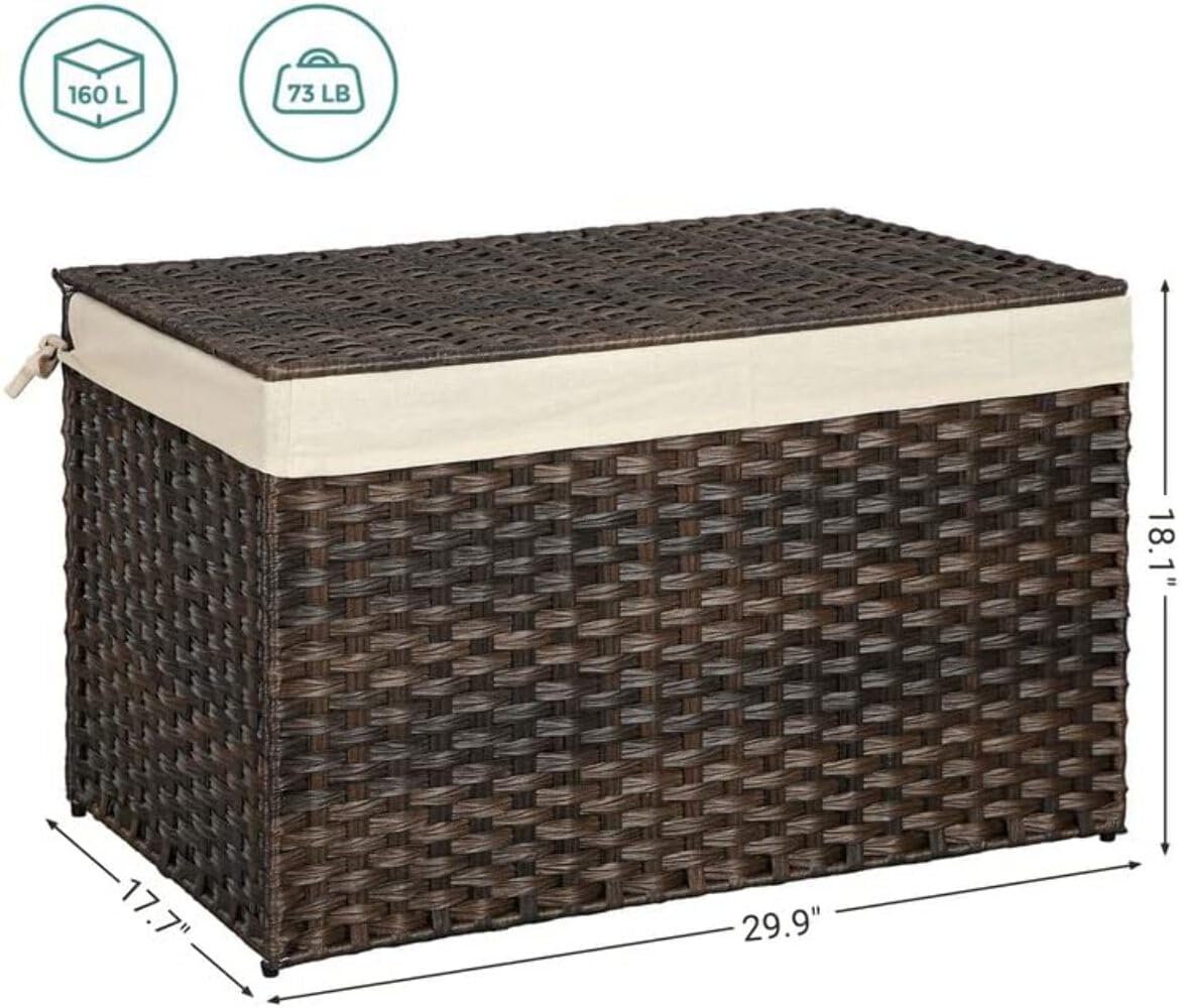 SONGMICS Storage Basket with Lid, Woven Blanket Storage Bin with Handles, Foldable, Removable