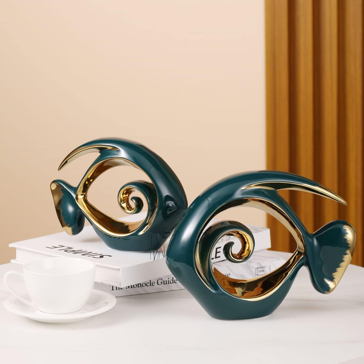 Green Gold Ceramic Fish Figurines - Coastal Home Decor, Modern Ocean Centerpieces for Living Room, Dining Area, Bathroom, Office, Coffee Table, Beach House, Nautical, Seaside, Entrance, Shelf Display