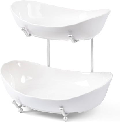 HBlife Fruit Bowl for Kitchen Counter - 2 Tier Ceramic Fruit Bowl with Metal Stand, Tiered Fruit Basket for Kitchen Counter, Serving Platters Serving Trays for Party