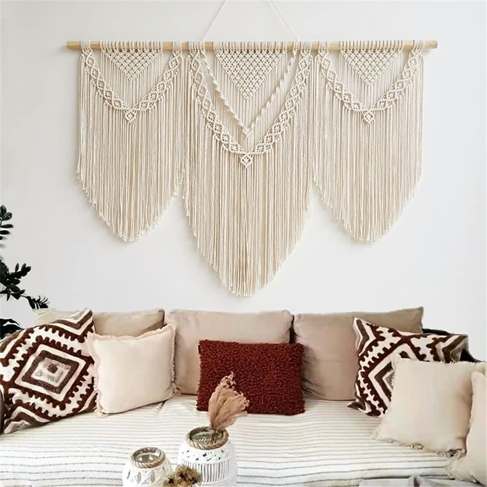 large macrame wall hanging - Boho Tapestry Macrame Wall Decor Art- Chic Bohemian Handmade Woven Tapestry Home Decoration for Bedroom Living Room Apartment Wedding Party - 43"x32" (Beige-Triangle)