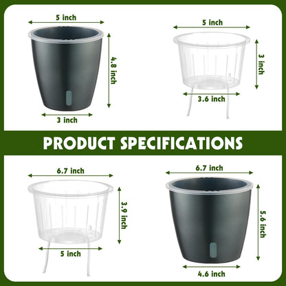 Self Watering Pots for Indoor Plants, 6-Pack 5'' Self Watering Planter with Drainage Holes, Small African Violet Pots with Water Indicator, Clear Wick Orchid Pot, Grey