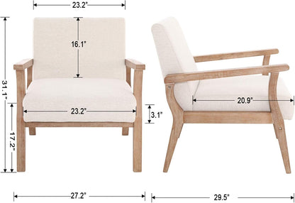 HNY Mid Century Armchair with Wood Frames, Linen Upholstered Living Room Arm Chair, for Living Room, Bedroom, Ivory