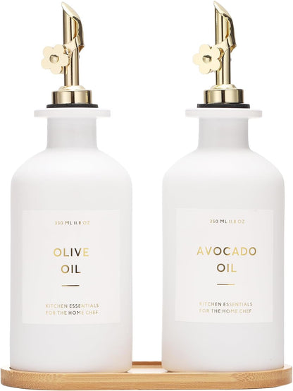 HOMCDALY Olive Oil Dispenser for Kitchen, 11.8oz Glass kitchen Dispenser Bottle, Gold Oil&Vinegar Cruet Set, Leakproof Oil Containers for Cooking| Set of 2 (11.8oz – Gold)