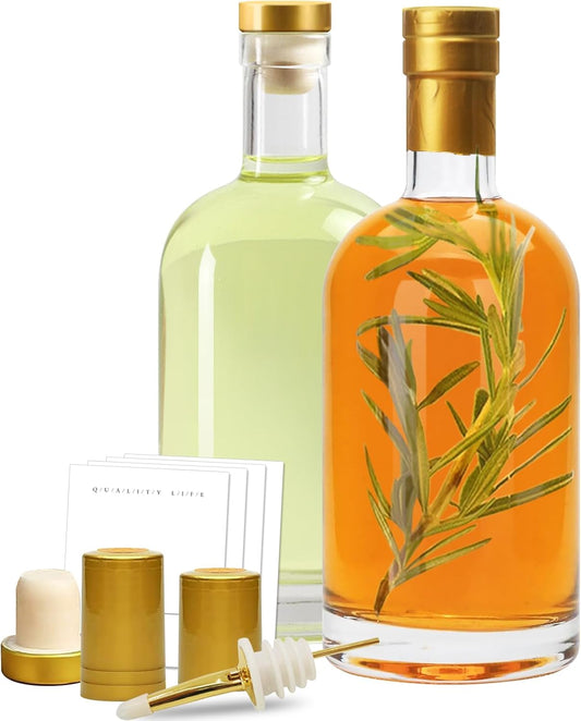 Olive Oil Dispenser Bottle for Kitchen, Clear Glass Oil and Vinegar Dispenser Set, Coffee Syrup Dispenser, Container With Metal Pour Spout, Airtight Lid, Funnel, Waterproof Labels (500ml-s-2 Pack)