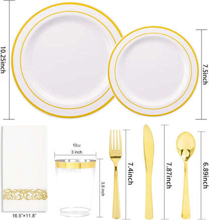 350 Pieces White and Gold Plastic Plates - 50 Guest Thanksgiving Dinnerware Set Include 100 Plates, 50 Plastic Silverware, 50 Napkins and 50 Cups for Thanksgiving