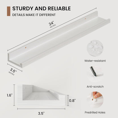 Picture Ledge Shelf, Solid Pine Wood Floating Shelves Set of 2, 24 Inches Nursery Book Shelves for Toys Storage, Kids Bookshelf Wall Mounted for Living Room Bedroom Decor Books Photo Frames, White