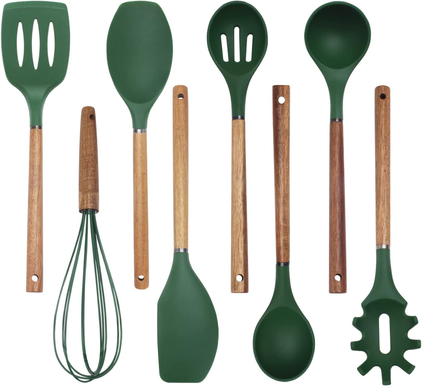 Country Kitchen Non Stick Silicone Utensil Set with Rounded Wood Handles for Cooking and Baking, 8 Piece Set, Green