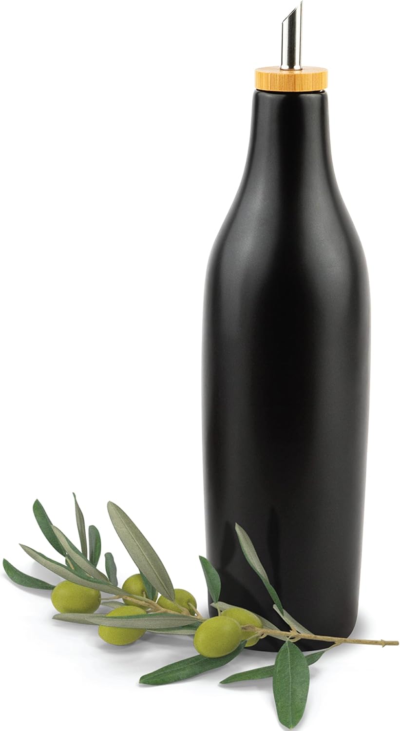 Black Ceramic Olive Oil Dispenser Bottle 16 Oz Container for EVOO or Vinegar, Kitchen Counter Design