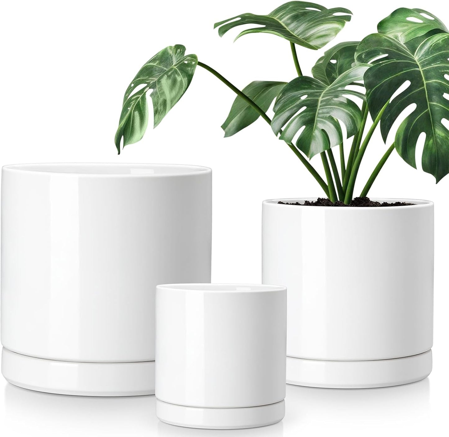 vancasso Ceramic Planters, Plant Pots for Indoor Plants, 6.25+8.25+10.25 Inch Ceramic Pots for Plants, Flower Pots with Drainage Holes, Planters Pot for Indoor House Plant, Set of 3, White