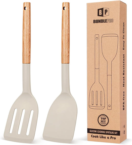Pack of 2 Silicone Cooking Spatula, Heat Resistant Solid Turner, Non Stick Slotted Spatulas with