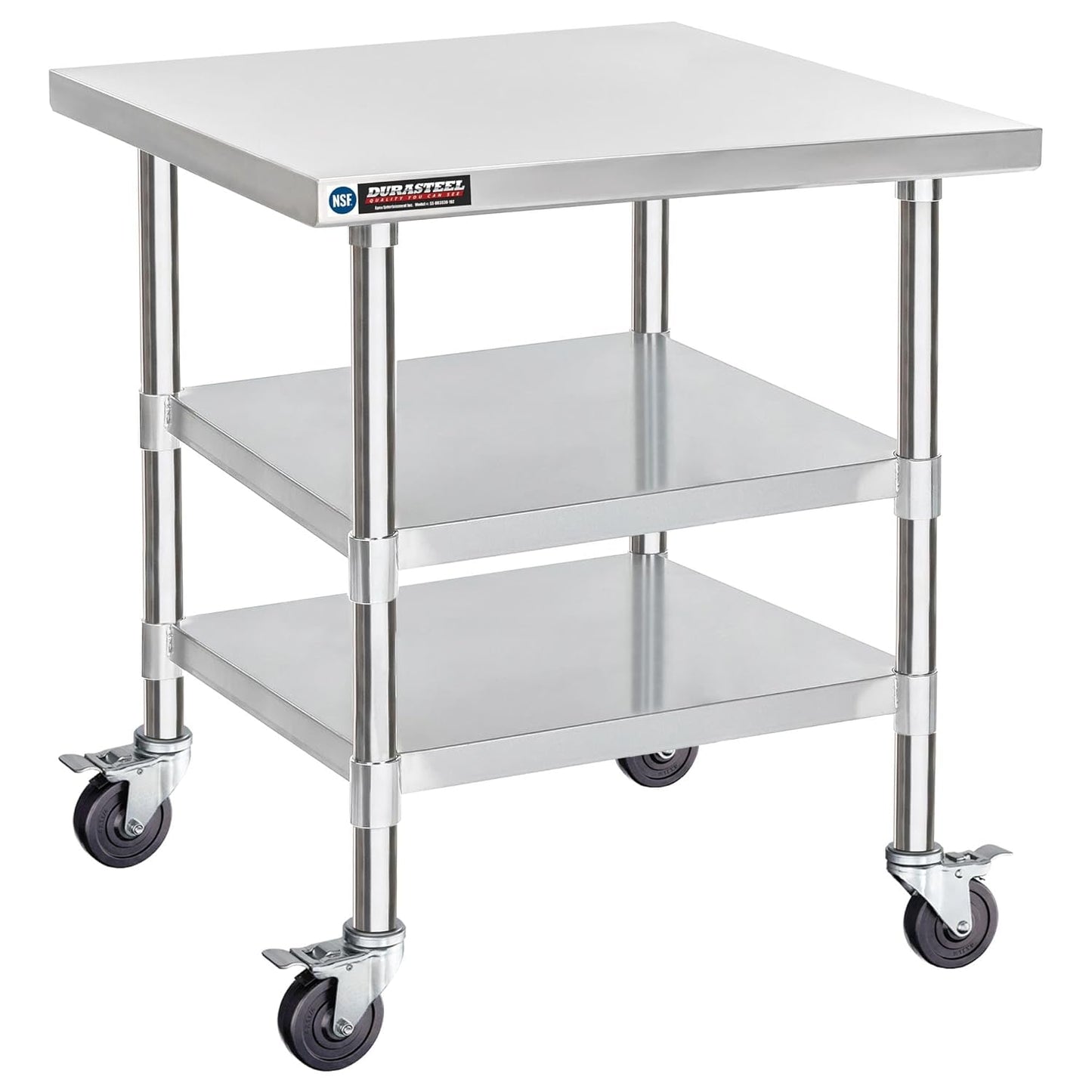DuraSteel Stainless Steel Work Table 30" x 30" x 34" Height w/ 4 Caster Wheels - Food Prep Commercial Grade Worktable - NSF Certified - Good for Restaurant, Business, Warehouse, Home, Kitchen, Garage