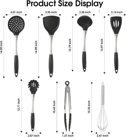 Premium Black Silicone Cooking Utensils Set - Non-Toxic, Heat Resistant& Non-Stick Kitchen Utensils Set with Spatula, Spoon, Whisk, Tongs, BPA Free, Dishwasher Safe, Black