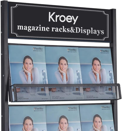 Floor Magazine Rack brochure Display Stand for Offices and Public Reception Area，Literature Rack with 4 Universal Wheels (70"×27×13.8")