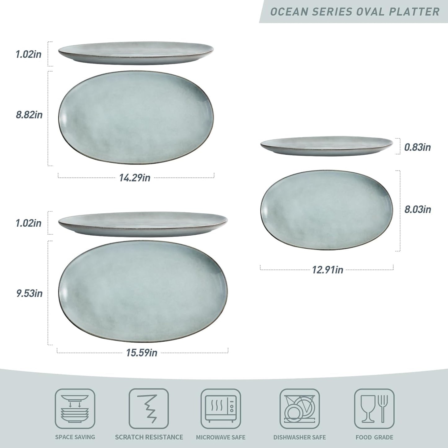 famiware Serving Platter, Oval 15.59/14.3/12.9inch Serving Dishes for Entertaining, Serving Bowls, Reactive Glaze, Stoneware Serving Trays for Party, Food, Turkey, Cheese, Ocean Series, Grey