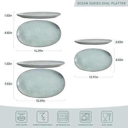 famiware Serving Platter, Oval 15.59/14.3/12.9inch Serving Dishes for Entertaining, Serving Bowls, Reactive Glaze, Stoneware Serving Trays for Party, Food, Turkey, Cheese, Ocean Series, Grey