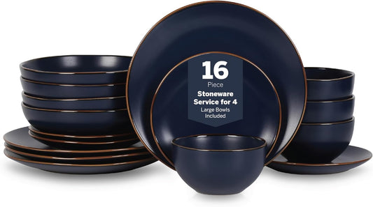 Stone Lain Brasa Modern Stoneware 16 Piece Dinnerware Sets, Plates and bowls Sets, Dish Set for 4, Blue
