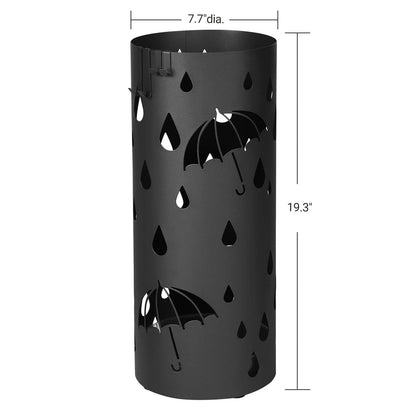 SONGMICS Umbrella Stand, Metal Umbrella Holder for Entryway, with Water Tray and 4 Hooks, 7.7 x 7.7