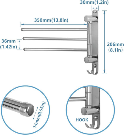 Towel Rack Wall Mounted JSVER 3 Arms Bathroom Towel Rack, 180° Rotation Space Saving Towel Holder for Bathroom