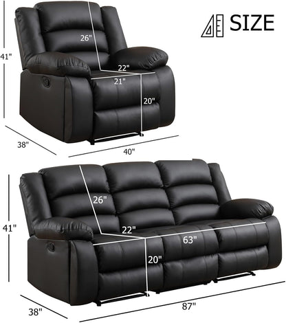 EBELLO Faux Leather Manual Recliner Sofa Set, 2 Recliner Chair, 3 Seat Reclining Sofa, Couch Set for Living Room, Bedroom, Meeting Room, Black (2Recliner+Sofa)