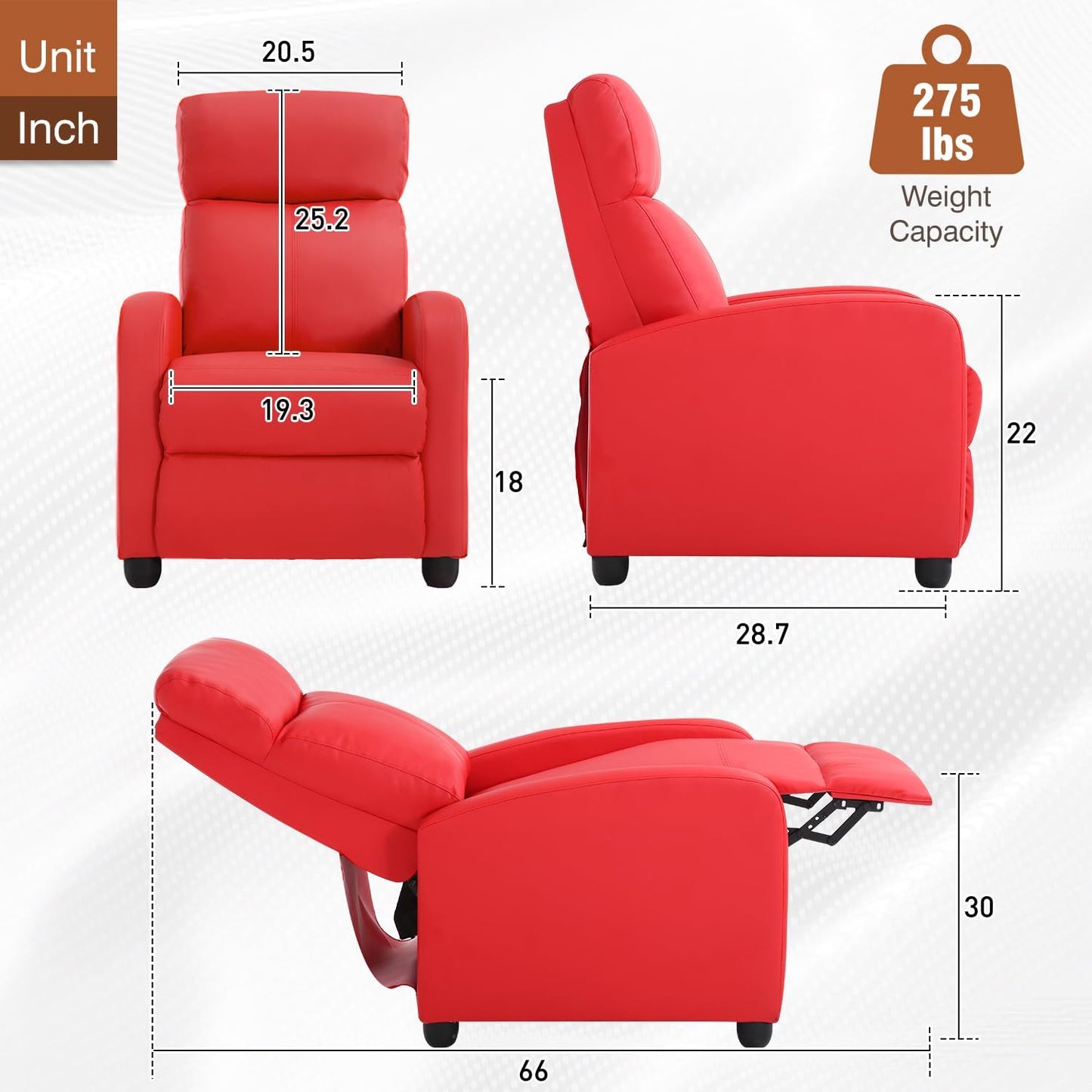BestMassage | Recliner Chair | No Massage Function | Pu Red | with Lumbar Support, Adjustable Push Back, Wide Armrests, Footrest & Padded Seat | Easy Assembly | for Living Room, Home Theatre