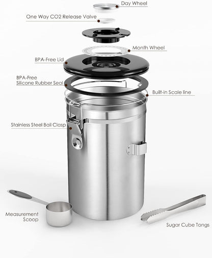HAIOOU Airtight Coffee Canister, 16OZ Small Stainless Steel Coffee Bean Storage Container with Date Tracker, Measuring Scoop, CO2 Releasing Valves and Mini Tongs for Beans, Grounds and more - Silver
