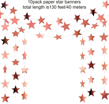 Patelai Glitter Star Garland Banner Decor, 130 Feet Star Hanging Bunting Banner Bright Backdrop for 2025 Graduation Prom Wedding Birthday Christmas Party Supplies(Glitter Rose Gold)