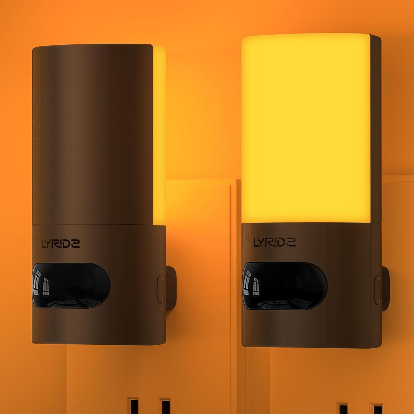 Lyridz Plug-in LED Amber Night Light with Motion Sensor, Rotatable, Dimmable Backlit Nightlight, 1-150lm Adjustable Brightness for Bathroom, Bedroom, Hallway, Stairs, 2 Pack