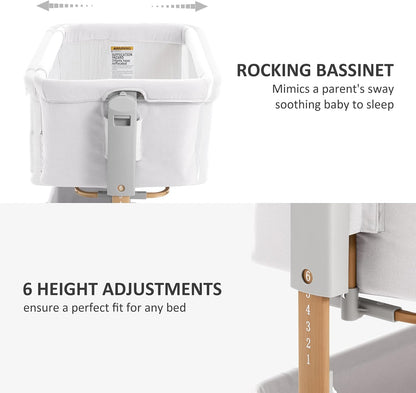 3 in 1 Baby Bassinet, Rocking Bassinet, Bedside Bassinet, 6-Height Adjustable, Bassinet Bedside Sleeper, Bedside Bassient for Baby with Comfy Mattress, Breathable Mesh, Large Storage Basket