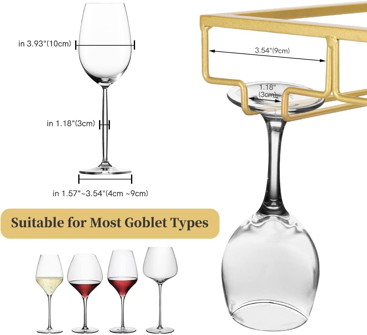 Xverycan Wine Glass Rack Under Cabinet, 8 Row Extreme Large Stemware Hanger, Metal Wine Goblet Holder, DIY Bar Glass Storage Rack for Bar Counter, Kitchen, Screws Included (Gold)