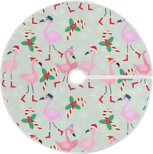 Christmas Flamingo Candy Tree Skirt, Seasonal Tree Mat Holiday Party Supplies Ornaments Indoor Outdoor Decorations for Tabletop Trees 35.4 Inches