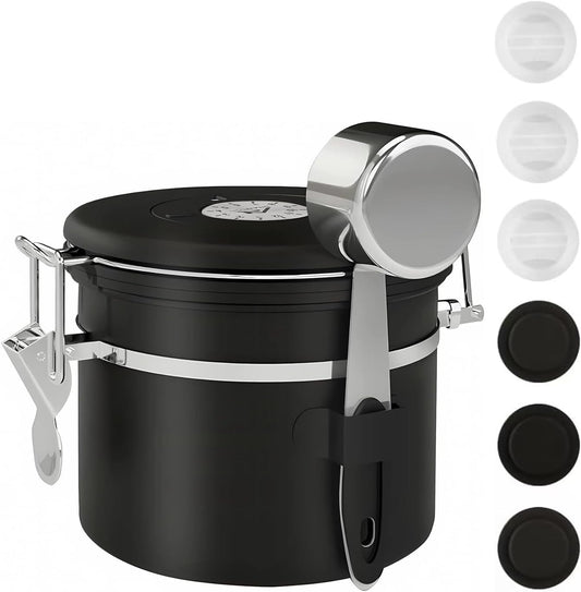ShanSon Coffee Canister Airtight Coffee Container Stainless Steel Coffee Bean Storage Container with Scoop Coffee Canister for Beans Grounds Sugar Flour Tea Cereal,11OZ, Black
