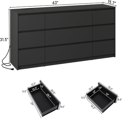 Black malm Dresser for Bedroom, 63 Inch Long 9 Drawers Dresser with Charging Station, Modern Large Wood Chest of Drawers Handle Free for Bedroom, Living Room, Entryway, Hallway, Black