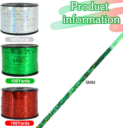 BEISHIDA 3 Pack Christmas Curling Ribbons Red Green Silver Balloons String Ribbons for Gift Wrapping Party Decorations（Total 300 Yards）