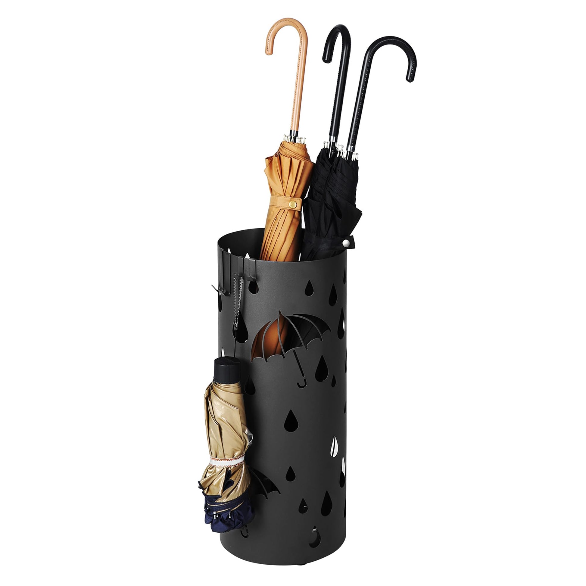 SONGMICS Umbrella Stand, Metal Umbrella Holder for Entryway, with Water Tray and 4 Hooks, 7.7 x 7.7