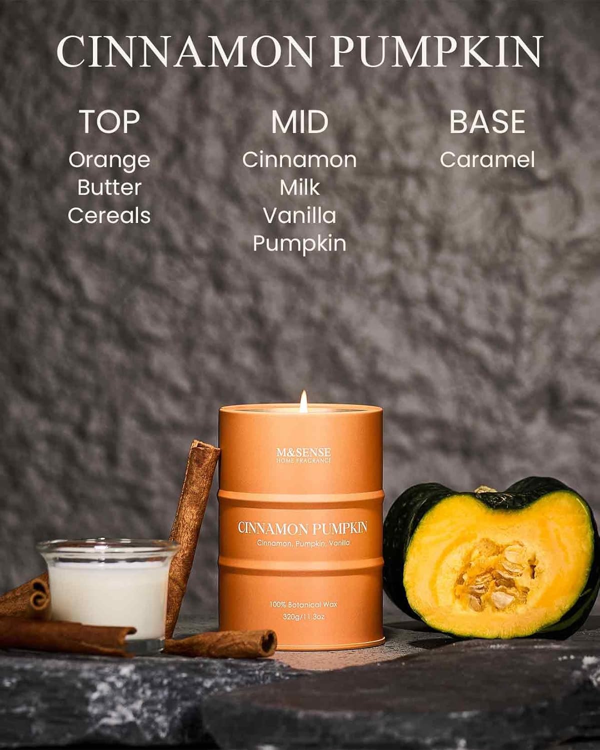 M&SENSE Cinnamon Pumpkin Scented Candles Natural Non Toxic, Aromatherapy Candle for Stress Relief Meditation Relaxing, Housewarming Gifts for Women Men, 11.3oz 70 Hour Long Burning