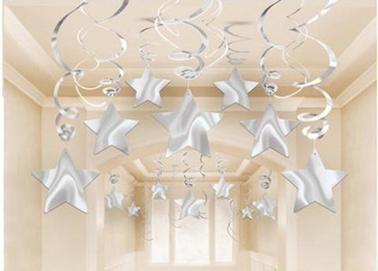 Party Swirl Decorations, Hanging Swirl for Ceiling Decorations, Silver with Star, Pack of 30