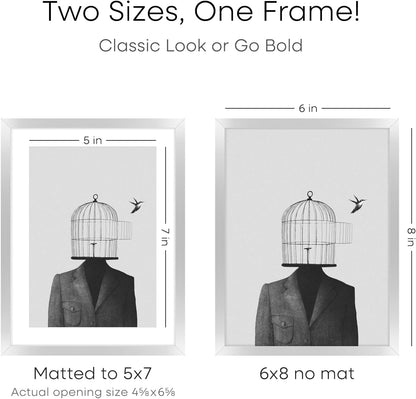 Homeforia Silver Photo Frame 6x8, High End Metal 6 x 8 Silver Picture Frames with Mat 5 x 7, 6by8 Desk Frame Matted to 5x7 inch Art, 6 by 8 Wall or Tabletop Frames, Tempered Glass, Wall Kit, Set of 1