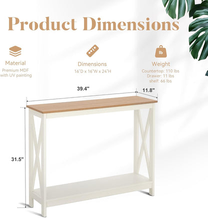 ALPHA HOME Console Table for Entryway, 2 Tier Storage Shelf Farmhouse Entryway Table, X-Shaped Design Narrow Sofa Table for Hallway, Living Room, Ivory