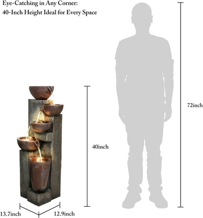 SunJet 5-Tier Cascading Indoor/Outdoor Water Fountain with LED Lights - 39.7" High Large Waterfall Floor Standing Fountain for Garden, Patio, Yard, and Deck Decor - Relaxing Outdoor Water Feature