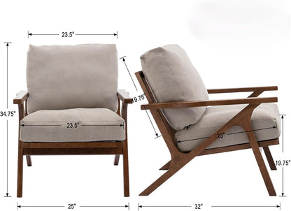 HNY Mid Century Chair, Faux Leather Upholstered Accent Armchair with Wood Frame and Canvas Cushions, Leisure Reading Chair Slipper Chair for Living Room, Bedroom, Beige