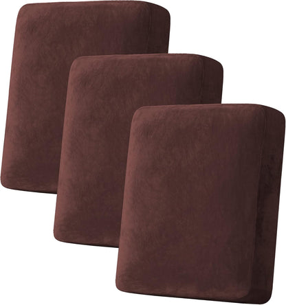 H.VERSAILTEX Velvet Stretch Couch Cushion Cover Plush Cushion Slipcover for Chair Loveseat Sofa Cushion Furniture Protector Seat Cushion Sofa Cover (3 Piece Sofa Cushion Covers, Brown)