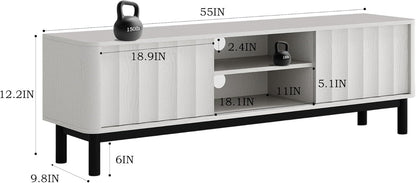 White Mid Century Modern TV Stand, Wood Fluted Living Room TV Stands with Storage Sliding Doors, Desert-Inspired Design MCM Entertainment Center for 55 60 65 70 75 55+ 60+ 65+ 70+ Inch