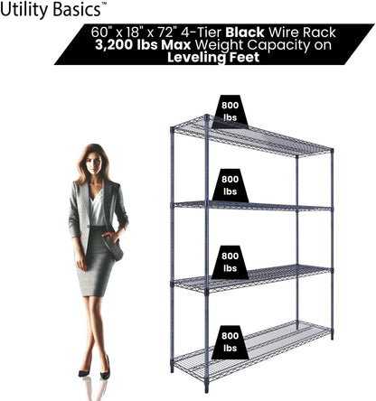 60"x18"x72" Black Premium Metal Steel Wire Shelving 4-Tier NSF 3200 LBS MAX Capacity Heavy Duty Storage Rack for Garages, Commercial Spaces, Hospitals, & Schools w/Premium Wheels