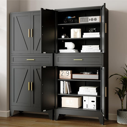 71 "Farmhouse Metal Filing Cabinet with a Drawer and 4 Adjustable Shelves, with 4 Large barn Door White Kitchen Cabinets, Metal Food Cabinets for Home, Kitchen, Dining/Living Room (Black)